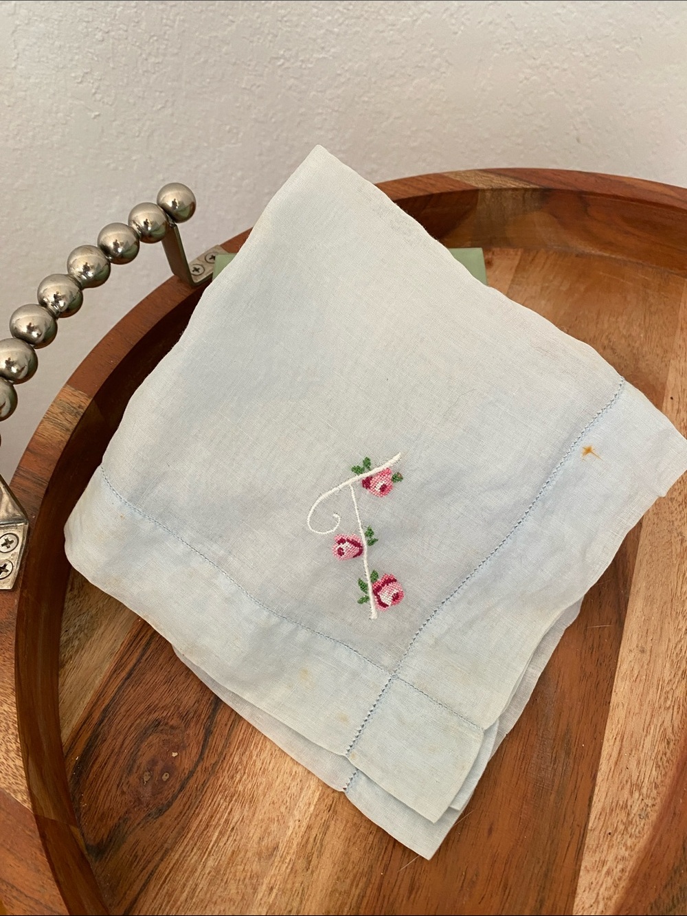 Vintage 1930’s light Blue Embroidered Rose Linen kerchief